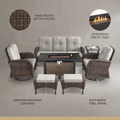 7 Piece Outdoor Patio Furniture Set, Patio Furniture Set with Fire Pit Table Rattan Wicker Patio Furniture Set, Brown Wicker & Beige Cushion