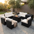 9-Pieces Patio Rattan Furniture Set Fire Pit Table Storage Black with Cover off White
