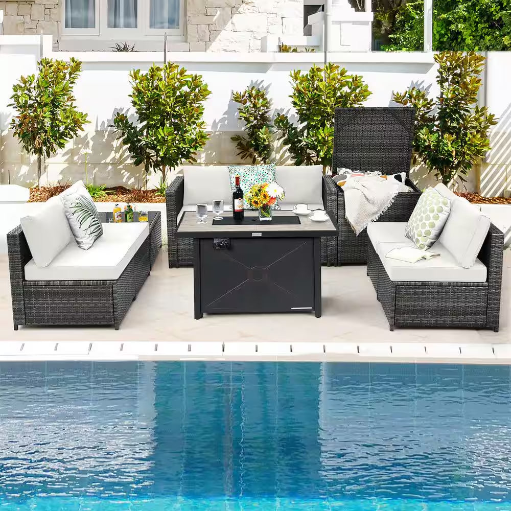 9-Pieces Patio Rattan Furniture Set Fire Pit Table Storage Black with Cover off White