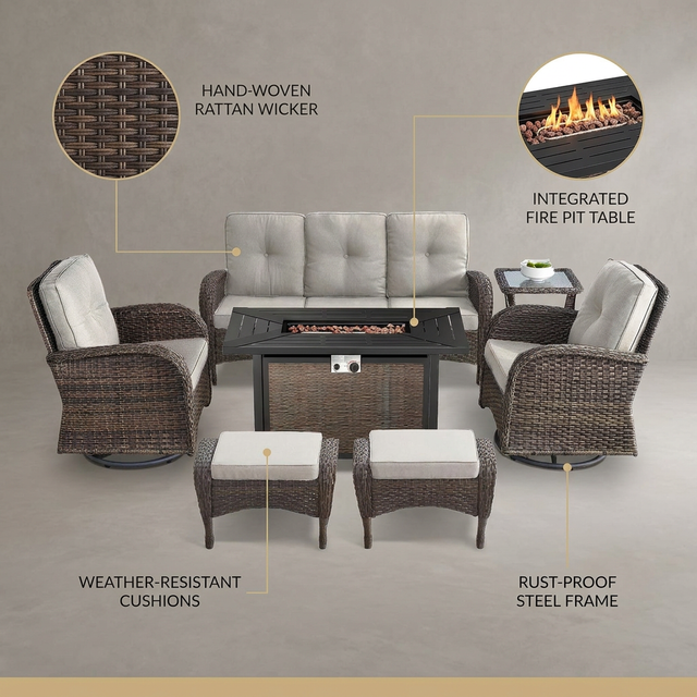 7 Piece Outdoor Patio Furniture Set, Patio Furniture Set with Fire Pit Table Rattan Wicker Patio Furniture Set, Brown Wicker & Beige Cushion — Lifestyle