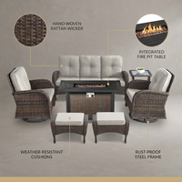 7 Piece Outdoor Patio Furniture Set, Patio Furniture Set with Fire Pit Table Rattan Wicker Patio Furniture Set, Brown Wicker & Beige Cushion — Lifestyle