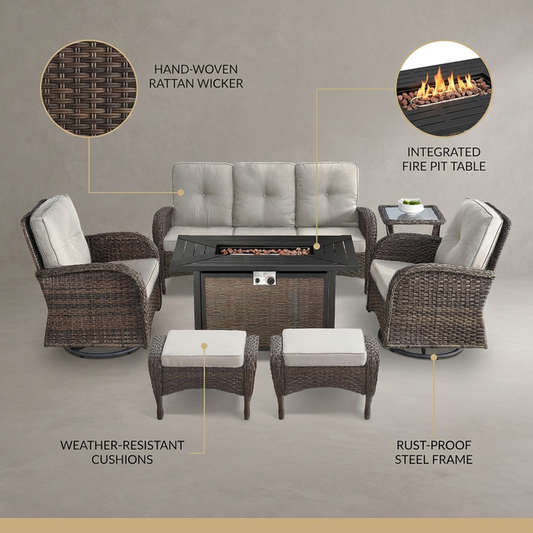 7 Piece Outdoor Patio Furniture Set, Patio Furniture Set with Fire Pit Table Rattan Wicker Patio Furniture Set, Brown Wicker & Beige Cushion — Lifestyle
