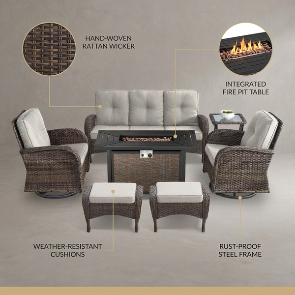 7 Piece Outdoor Patio Furniture Set, Patio Furniture Set with Fire Pit Table Rattan Wicker Patio Furniture Set, Brown Wicker & Beige Cushion — Lifestyle