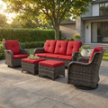5-Piece Wicker Outdoor Patio Seating Set Sectional Sofa with Swivel Rocking Chair, Ottomans and Red Cushions